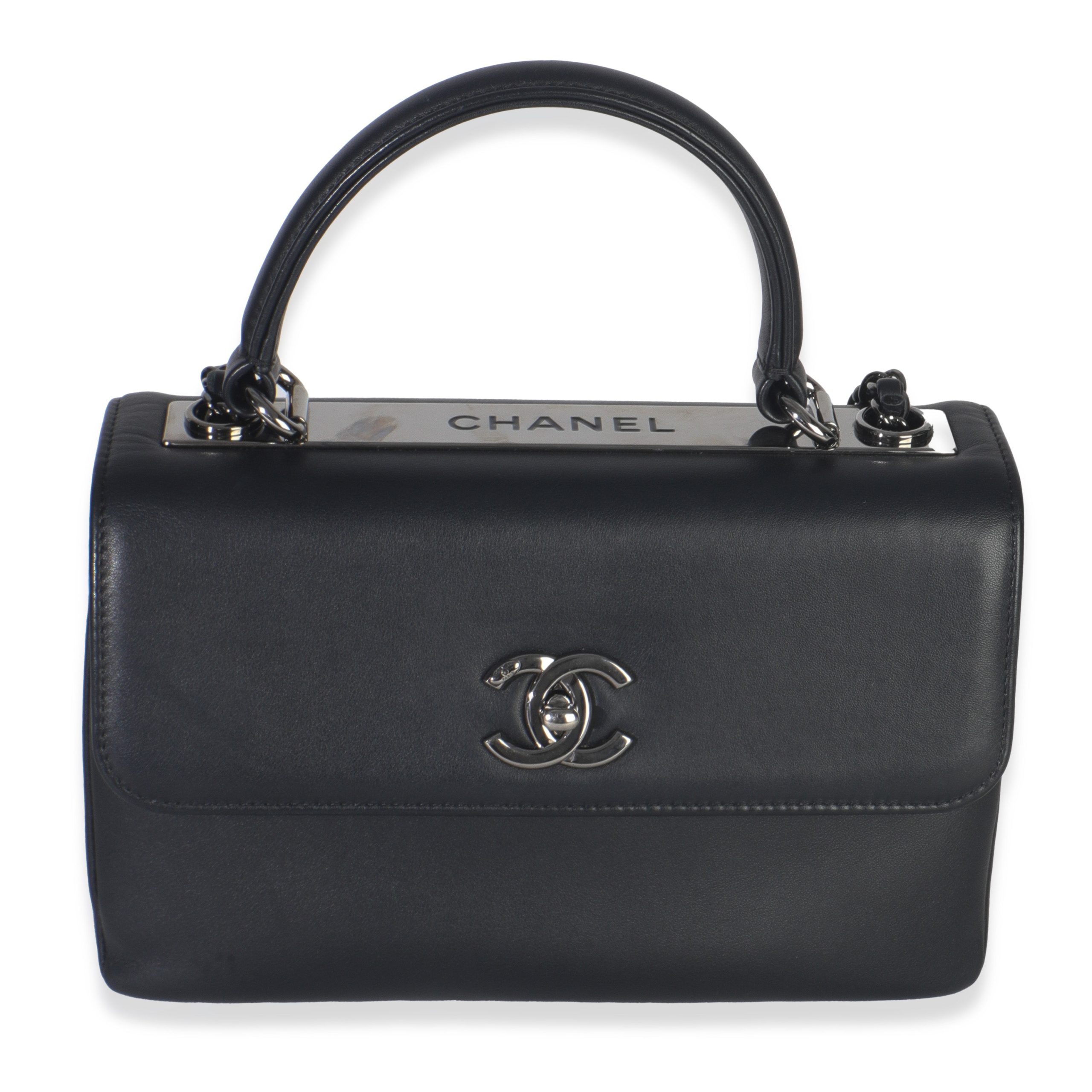 Black Smooth Calfskin Small Trendy CC Flap Dual Handle Bag