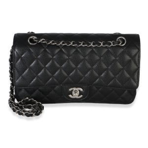 Black Quilted Caviar Medium Classic Double Flap Handbag