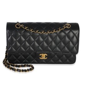 Black Quilted Caviar Medium Classic Double Flap Handbag