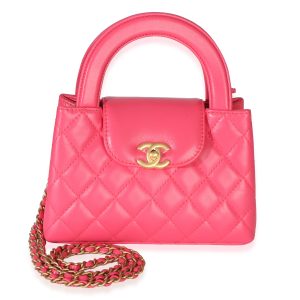 Dark Pink Shiny Aged Calfskin Quilted Nano Kelly Shopper