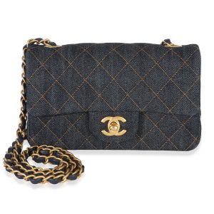 Dark Blue Quilted Denim Mini Rectangular Flap Bag