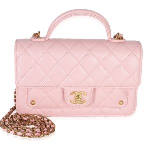 Light Pink Quilted Lambskin Preppy Satchel Wallet On Chain