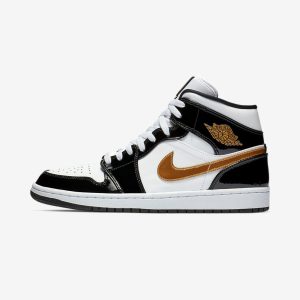 Air Jordan 1 Mid Patent Black White Gold