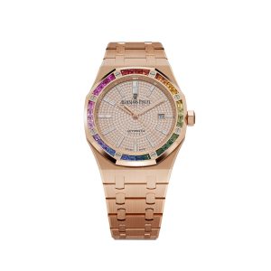Audemars Piguet Royal Oak 15413OR.YY.1220OR.01 Rose Gold Rainbow Sapphires Bezel Diamond Dial (2021)