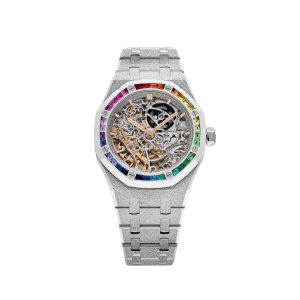 Audemars Piguet Royal Oak 15468BC.YG.1259BC.01-B Double Balance Wheel Frosted White Gold Rainbow Sapphires Bezel Openworked Dial (2021)