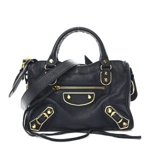 Chevre Gold Metallic Edge Hardware Mini City  Bleu Nuit Dark Sea