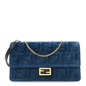 Flocked Denim FF Wallet On Chain Baguette Blue Abyss