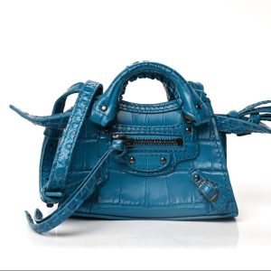 Extra Supple Calfskin Crocodile Embossed Neo Classic Silver Hardware Super Nano City Crossbody  Cyan